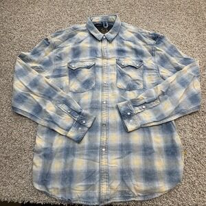 STS Ranchwear Plaid Pearl Snap Flannel Shirt Men's 2XL Blue Western Plaid Cotton